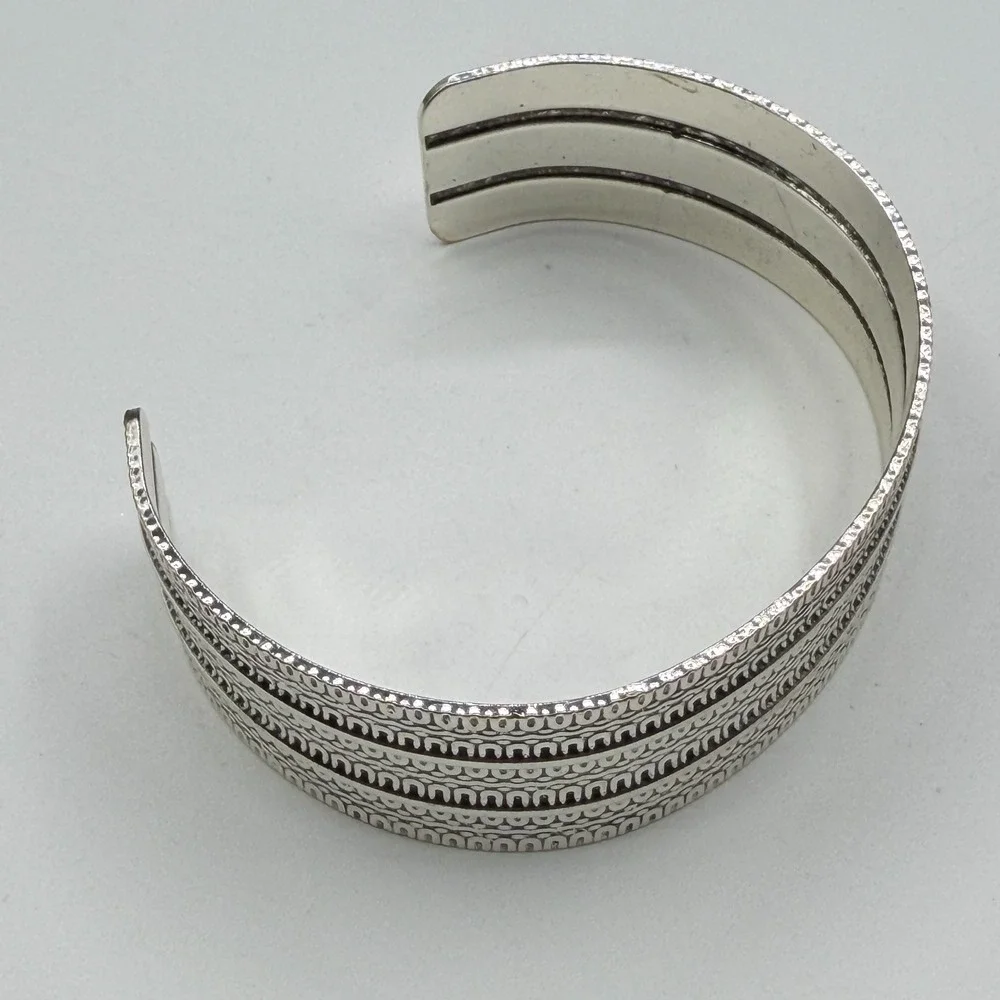 Silver Tone Wide Etched Cuff Bracelet Tribal Boho Textured Statement Jewelry